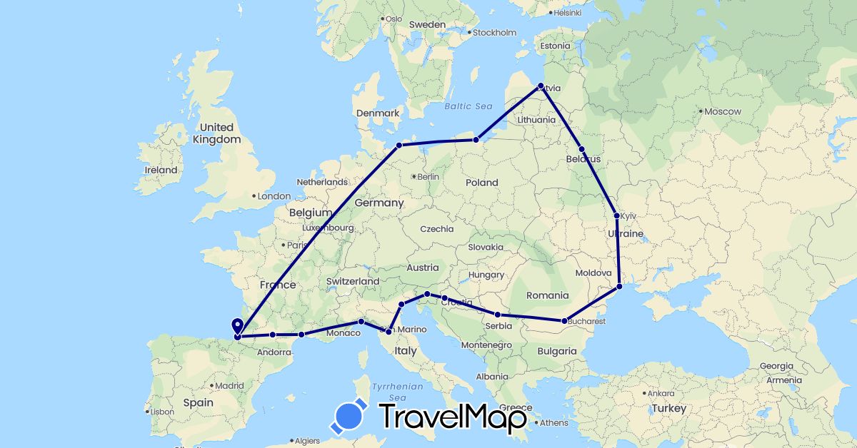 TravelMap itinerary: driving in Belarus, Germany, France, Croatia, Italy, Latvia, Poland, Romania, Serbia, Slovenia, Ukraine (Europe)